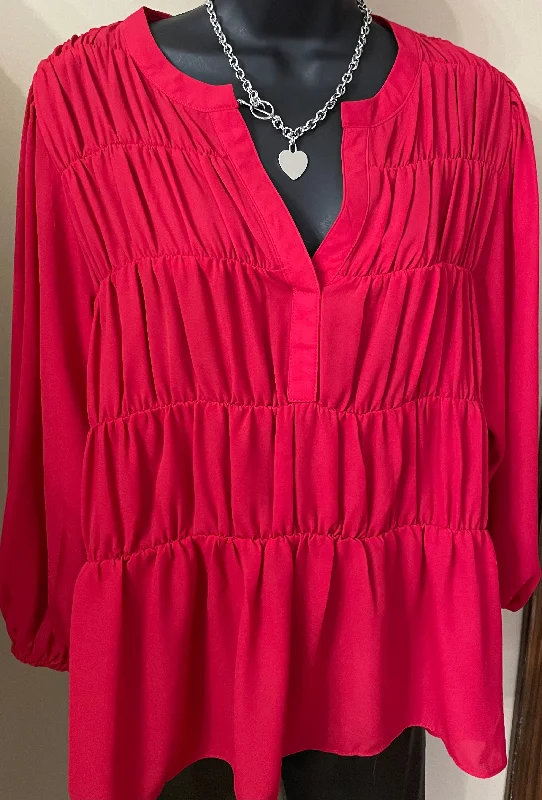 Tops-Red Ruched Blouse