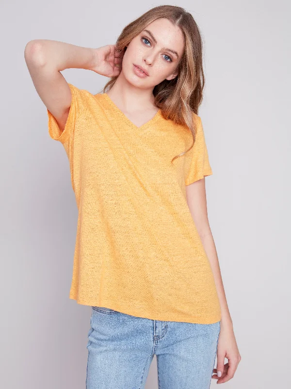 V-Neck Linen T-Shirt - Melon