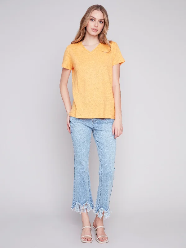 V-Neck Linen T-Shirt - Melon