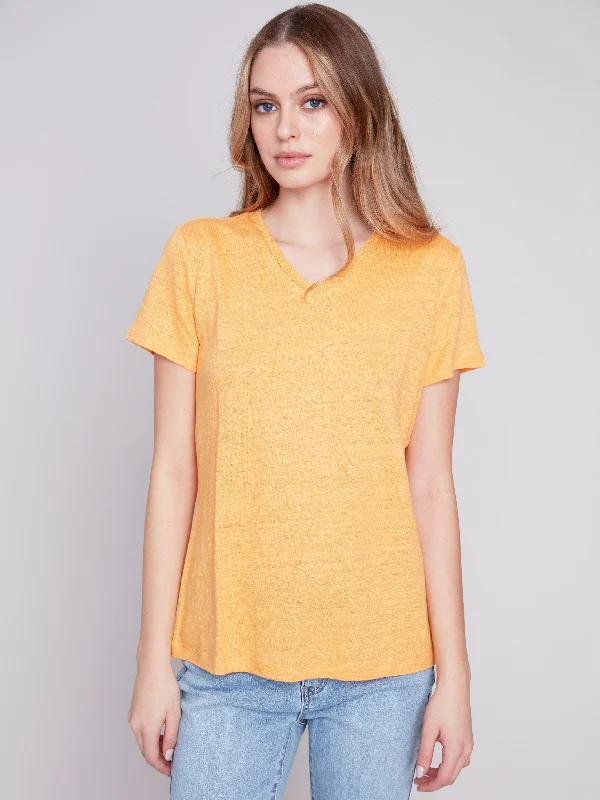 V-Neck Linen T-Shirt - Melon