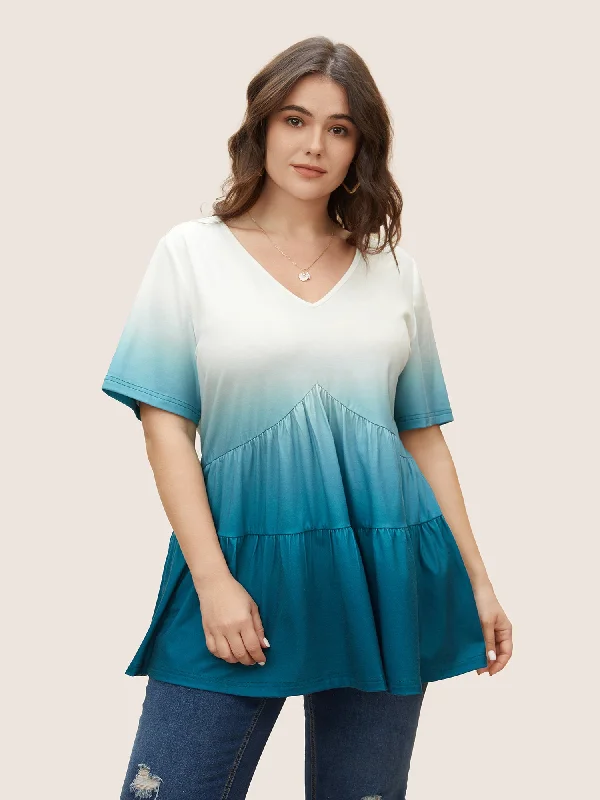 V Neck Ombre Ruffle Layered Hem T-shirt