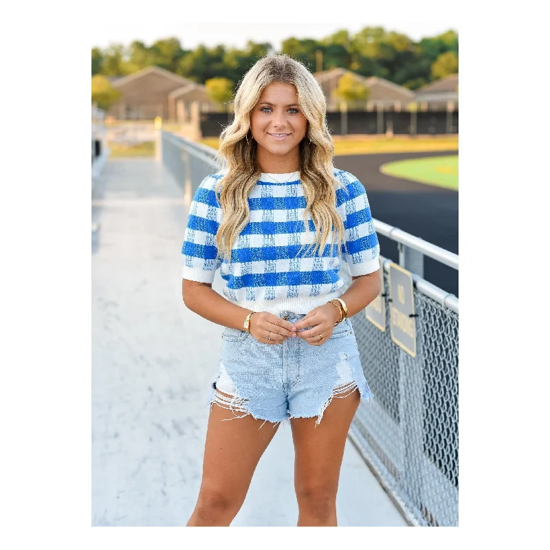 Wisteria Blue and White Plaid Sweater Top