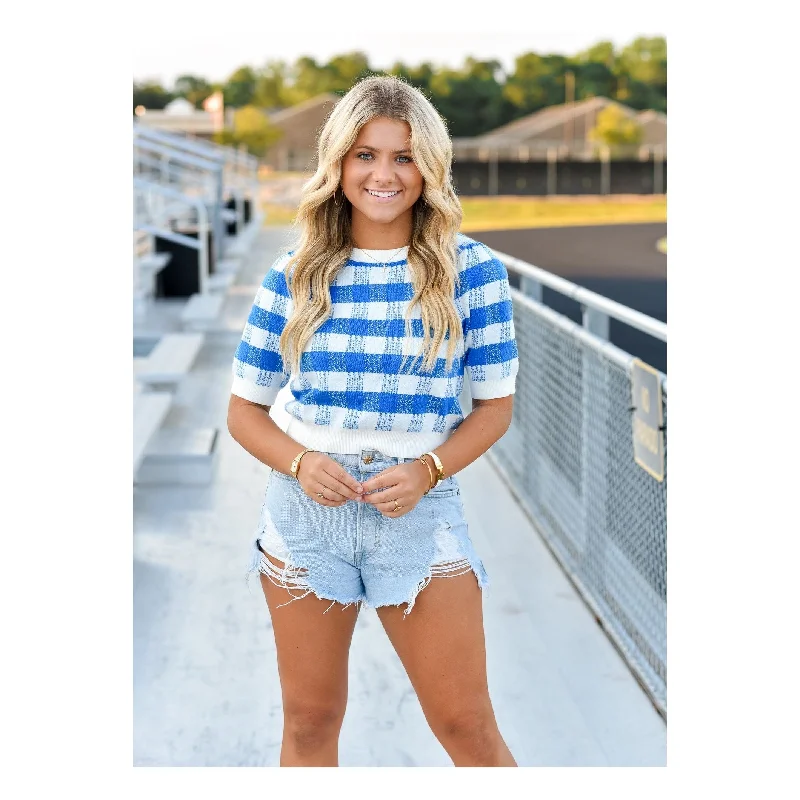 Wisteria Blue and White Plaid Sweater Top